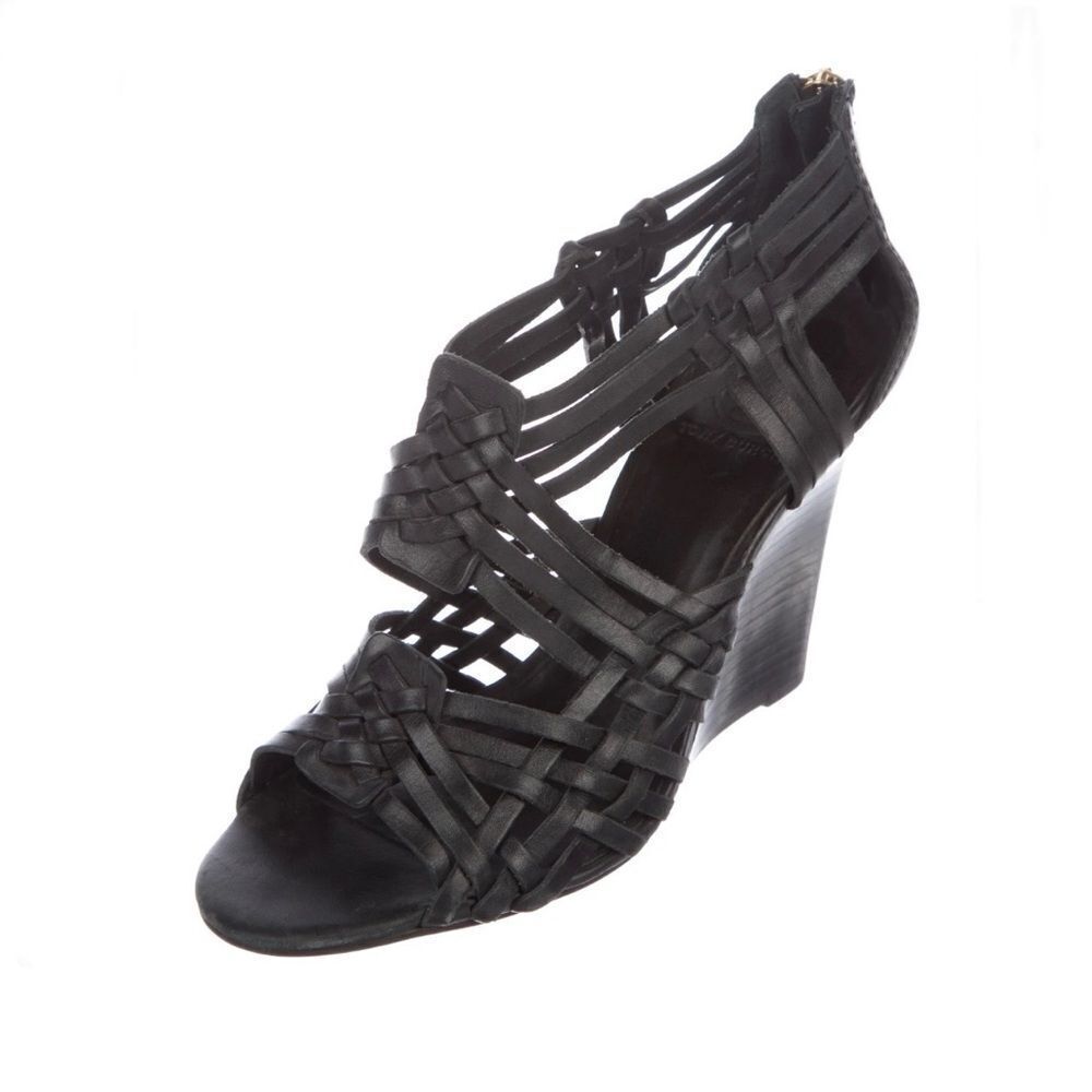 Tory Burch Black Leather Tevray Huarache Wedge Sandals - Picture 3 of 10